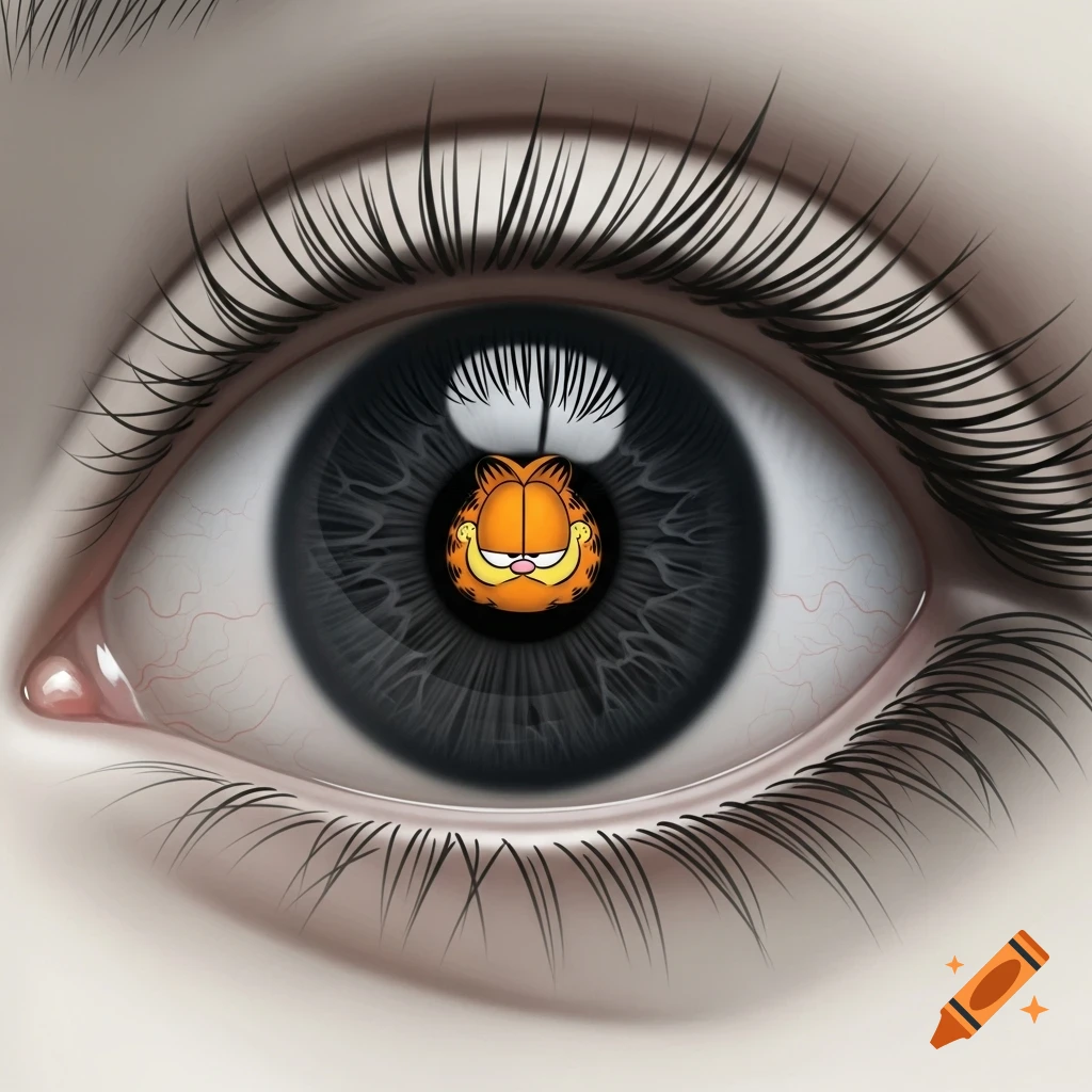 A close-up of a realistic human eye with the cartoon character Garfield depicted in its pupil.