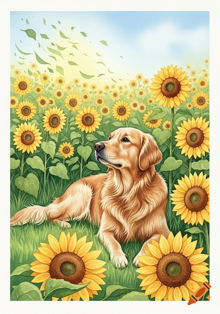 A Golden Retriever dog lies peacefully in a vibrant watercolor field of yellow sunflowers under a blue sky.