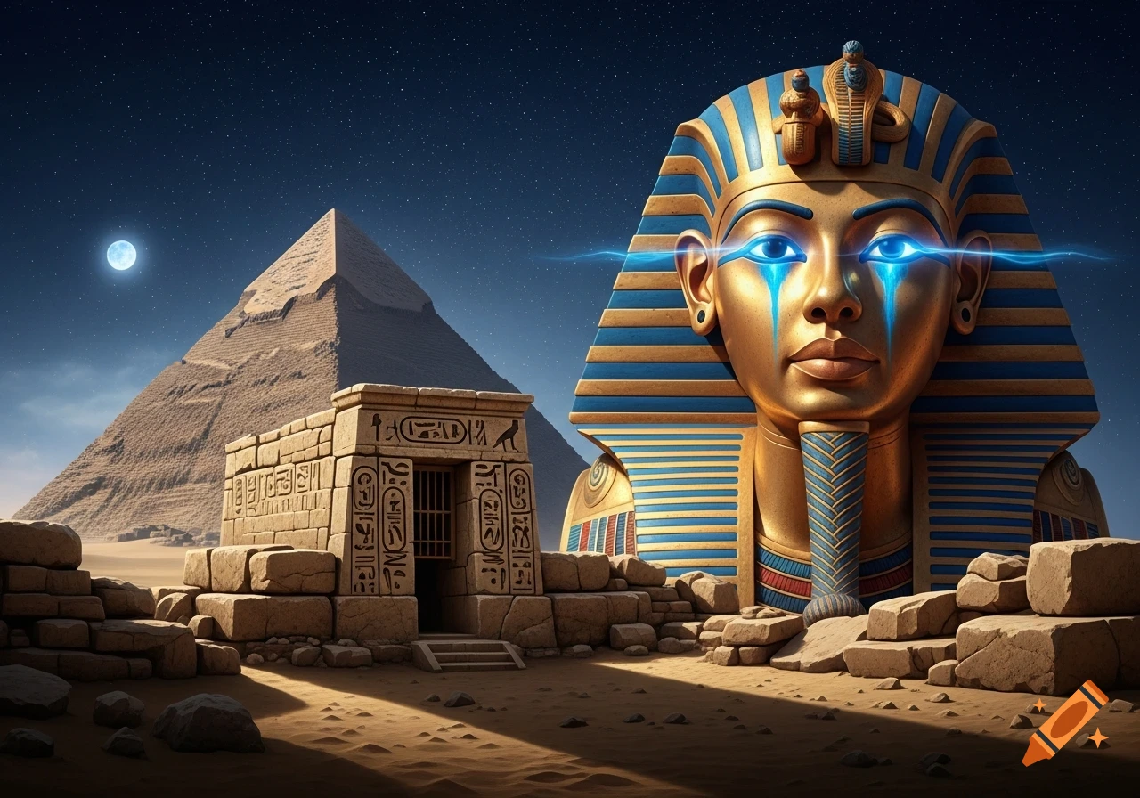 A golden pharaoh's mask with glowing blue eyes stands beside an ancient stone structure and a pyramid under a starry night sky with a full moon.