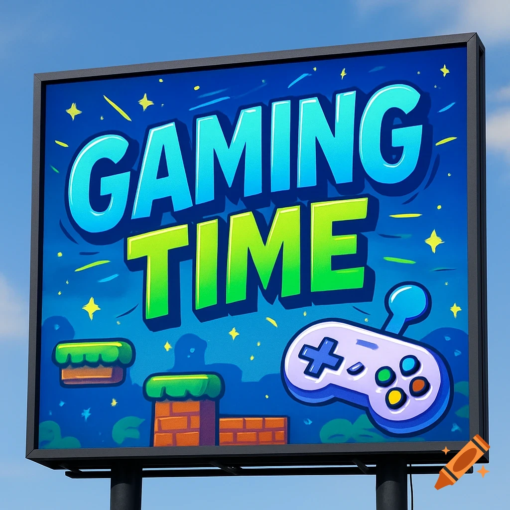 A vibrant cartoon-style billboard against a blue sky, displaying "GAMING TIME" with a game controller and platformer elements.