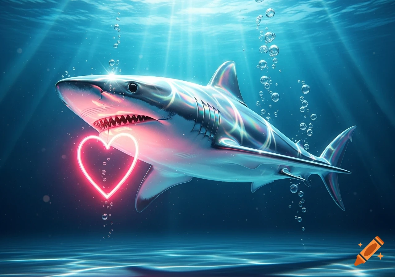 A glowing, iridescent shark underwater holding a bright pink neon heart in its mouth.