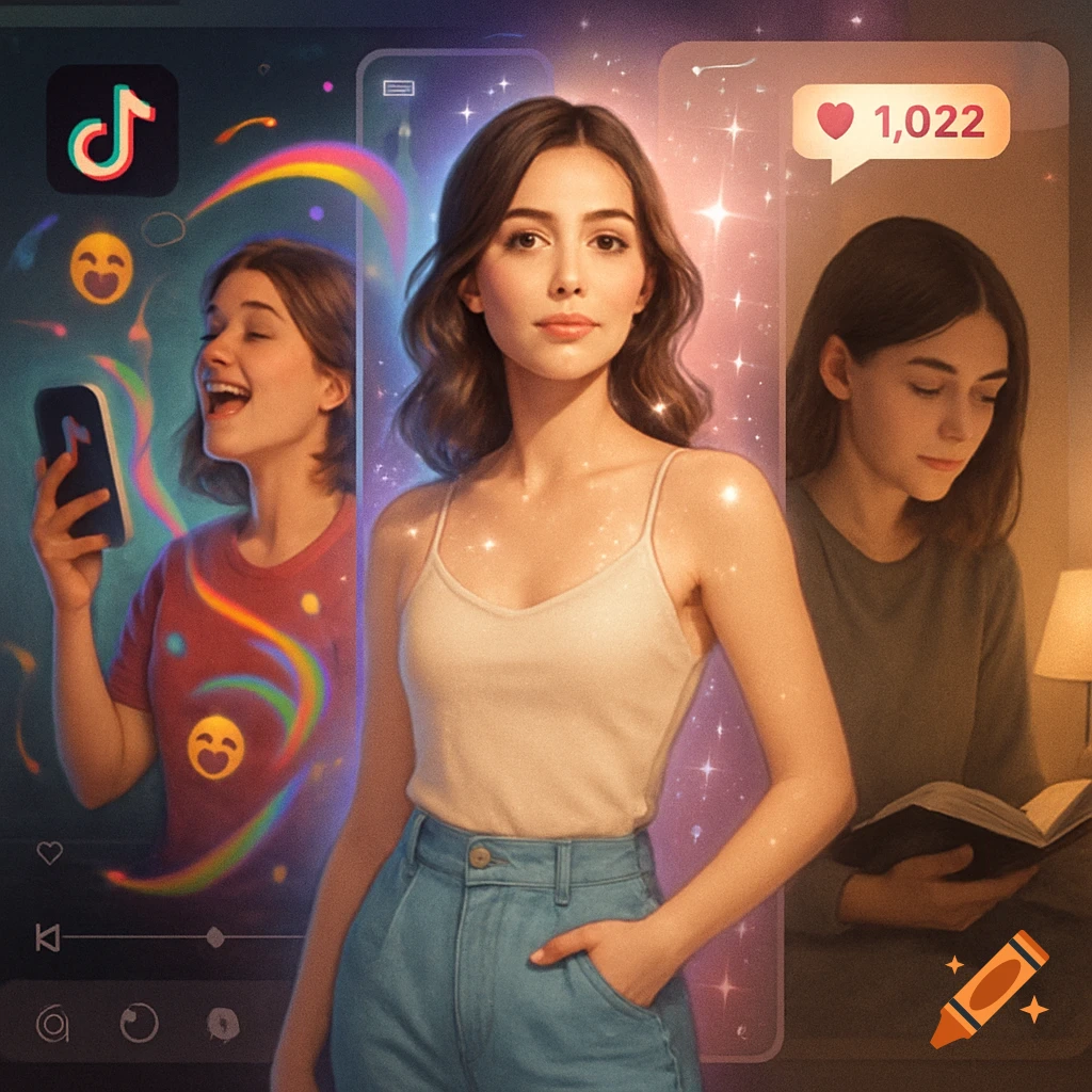 Three versions of a woman: one active on TikTok, one posing, and one reading, surrounded by social media graphics.