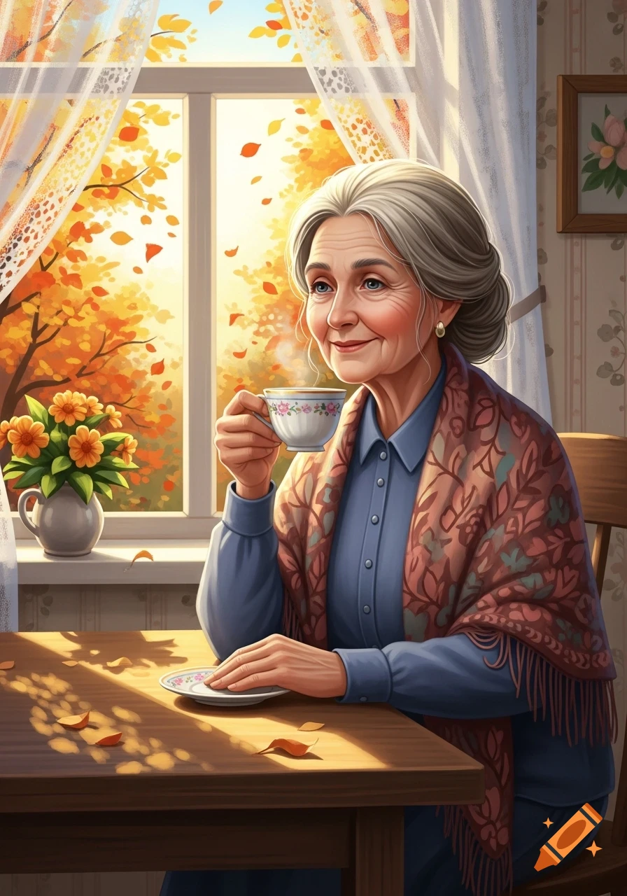 An elderly woman with gray hair sips tea by a sunlit window with autumn trees outside.