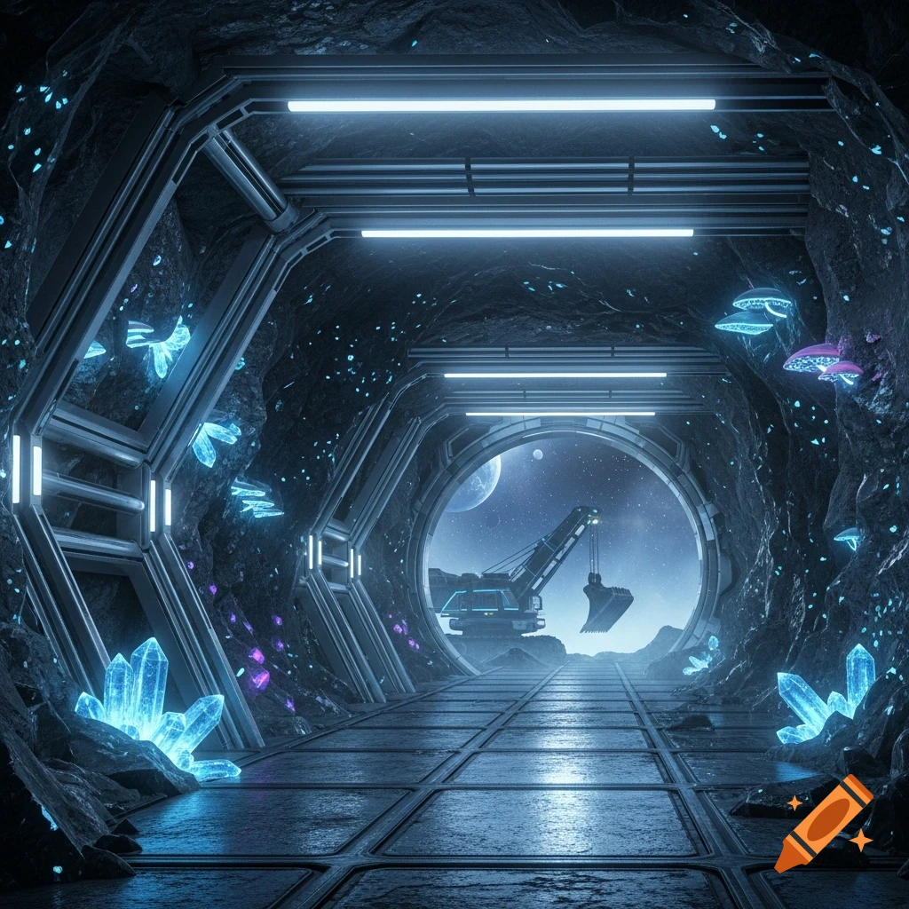 Futuristic mine tunnel with glowing blue crystals, looking out to a giant mining machine on an alien planet under a starry sky.