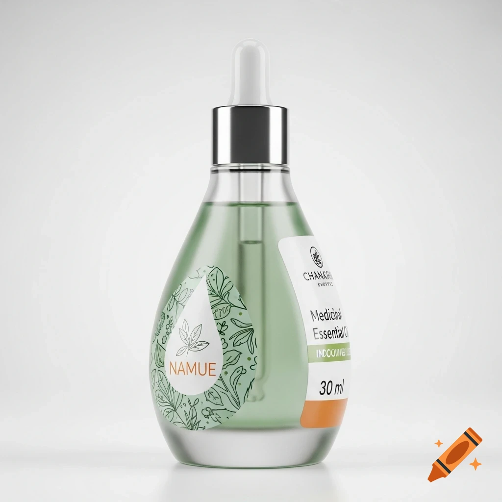 A photorealistic render of a teardrop-shaped essential oil dropper bottle with light green liquid and product labels.