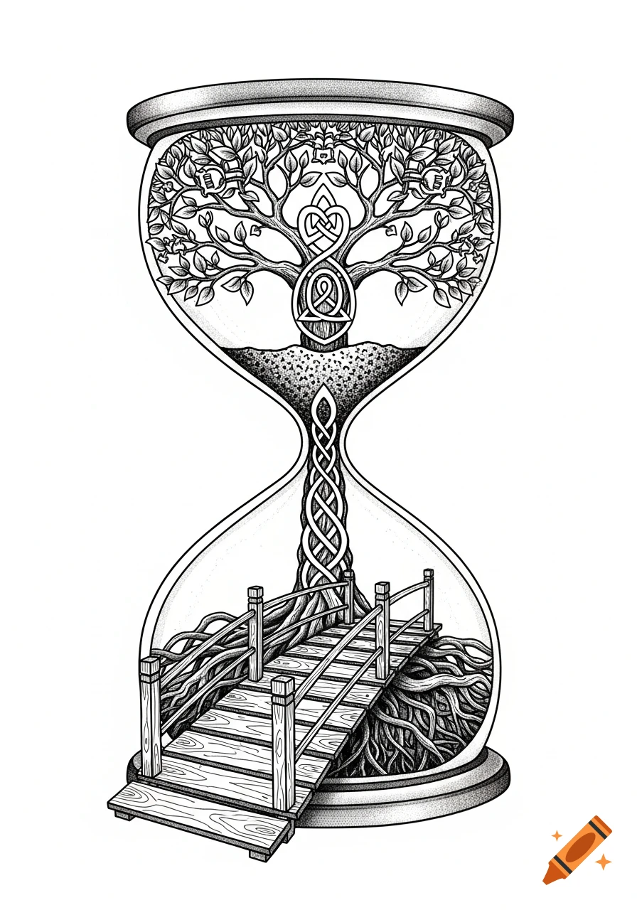 Black and white tattoo style illustration of an hourglass containing a tree of life with Celtic knots, roots, and a wooden bridge.