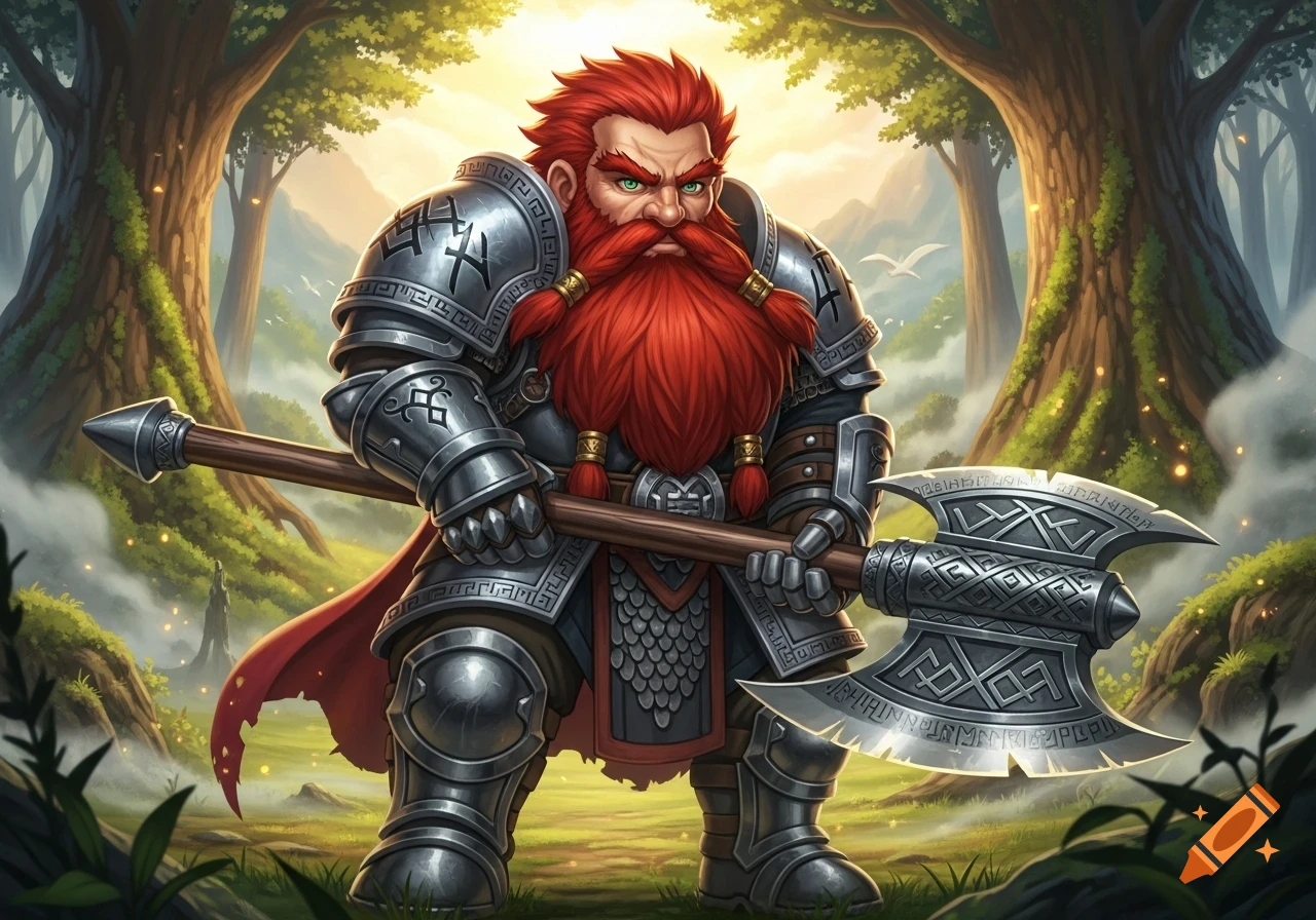 An adult dwarf in anime style with red hair and beard, green eyes, wearing silver armor, holding a large double-bladed axe in a forest setting.