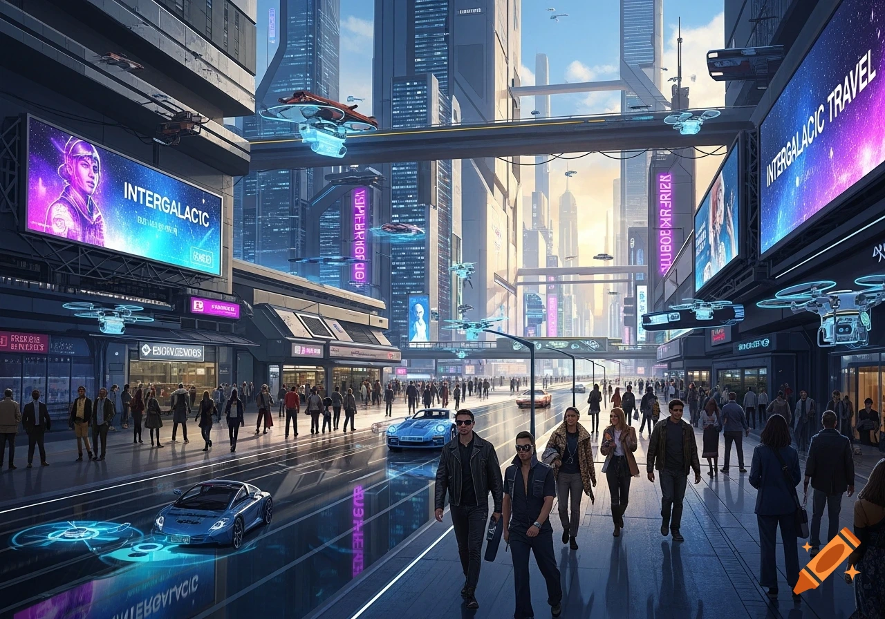 A bustling futuristic city scene with towering skyscrapers, flying vehicles, and many pedestrians on illuminated streets with glowing billboards.