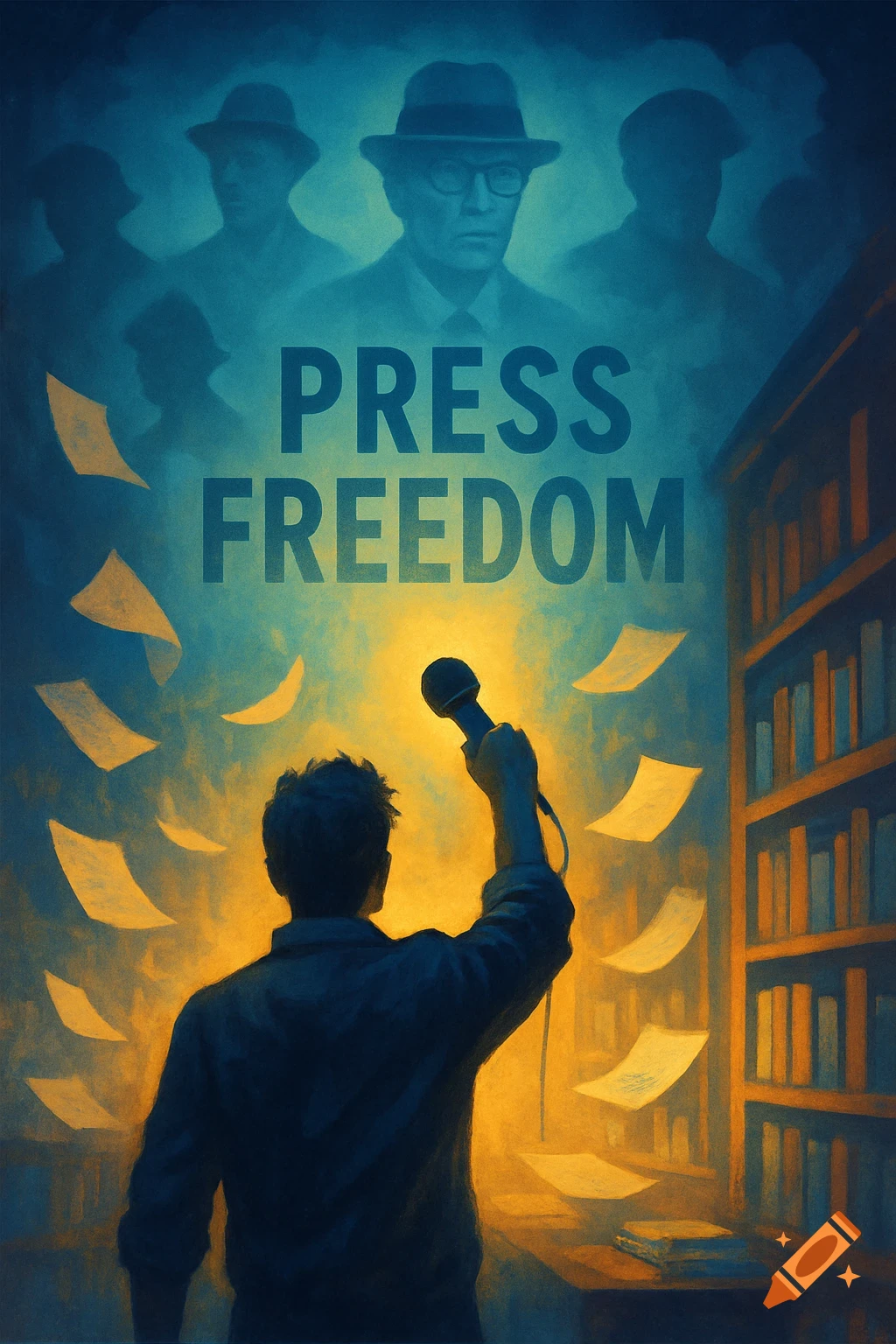 A man speaks into a microphone, with "PRESS FREEDOM" above him and spectral figures in a painterly, teal and gold poster.