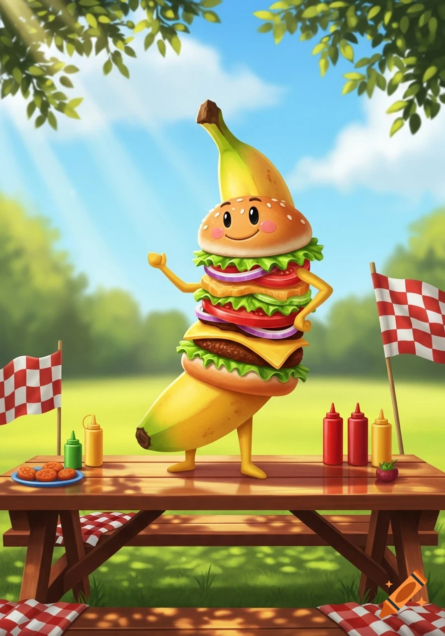 A whimsical cartoon banana character in a stacked burger costume stands on a picnic table in a sunny park.