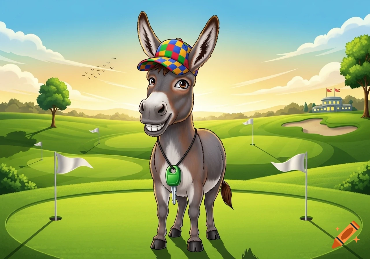 A smiling cartoon donkey wearing a colorful checkered baseball cap and a green key necklace stands on a bright green golf course at sunset.