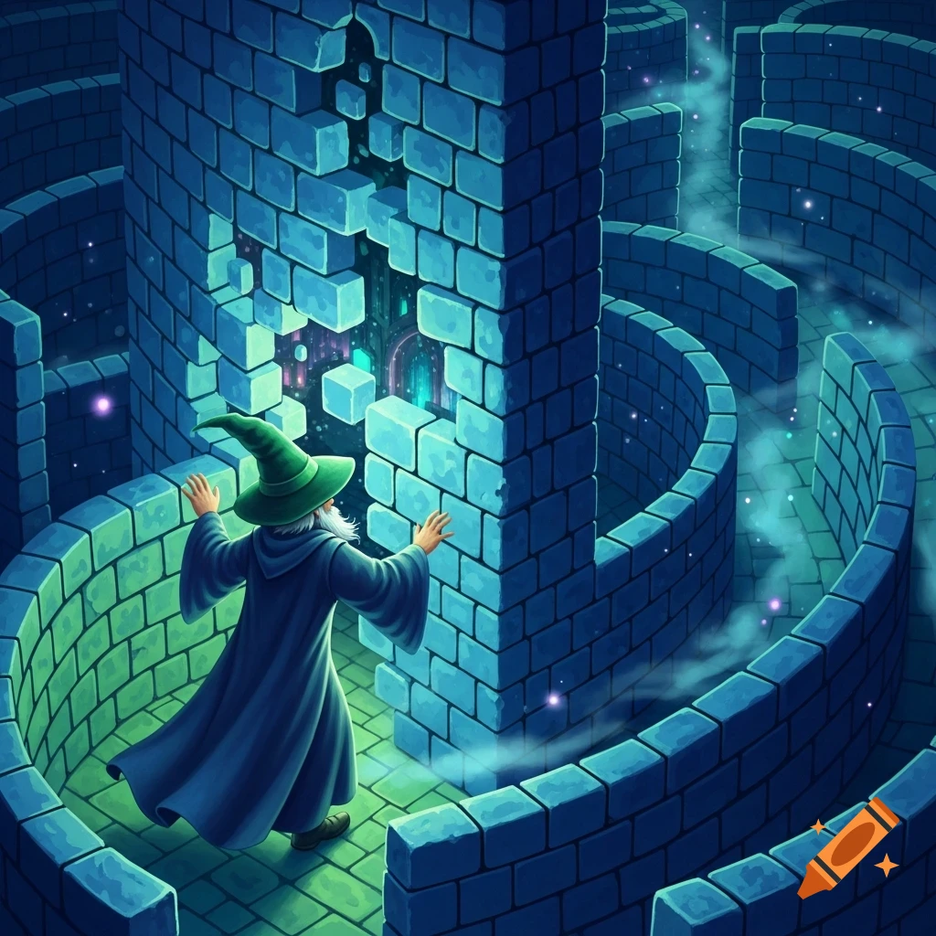 A wizard in a green hat and blue robe stands in a blue brick maze, looking at a wall section where glowing cubes emerge.