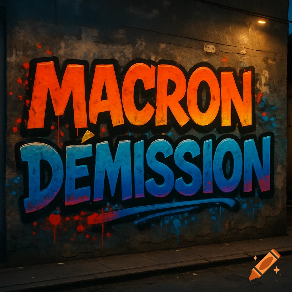 Graffiti on a wall reads "MACRON DÉMISSION" in bold orange and blue bubble letters, with paint splatters around it.