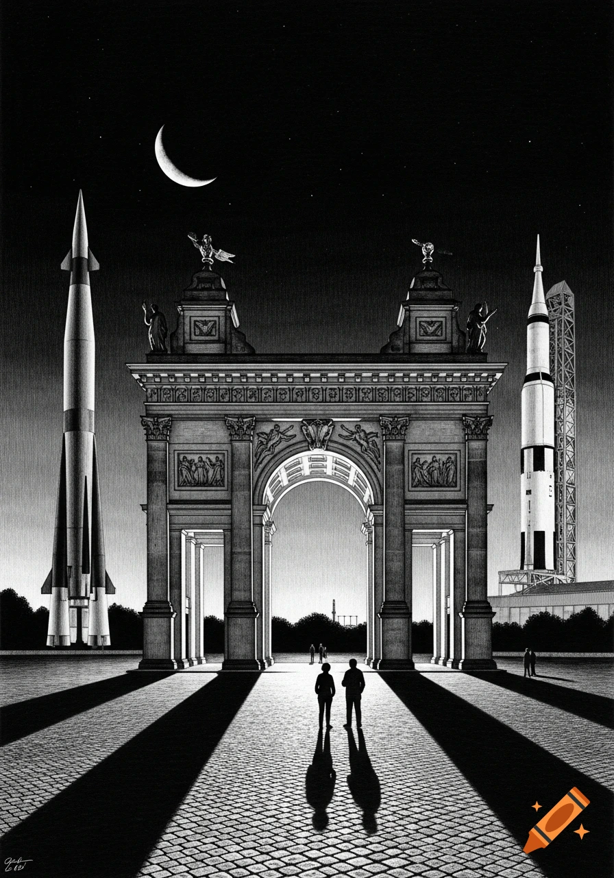 A black and white drawing of a grand triumphal arch at night, with two small figures standing in the foreground. A V2 rocket is on the left, and a Saturn V rocket is on the right. A crescent moon hangs in the dark sky.