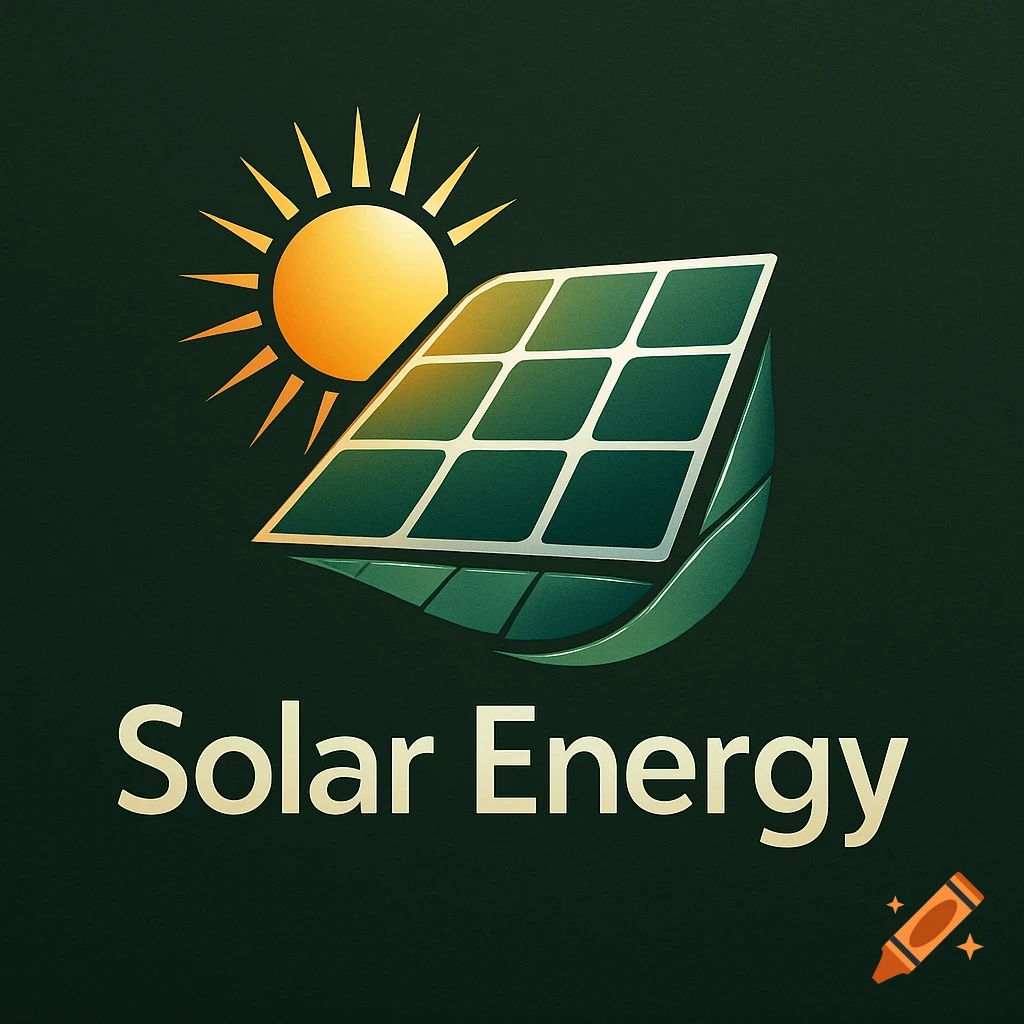 Logo for solar energy company featuring a stylized sun, a solar panel, and a green leaf with the text 'Solar Energy'.