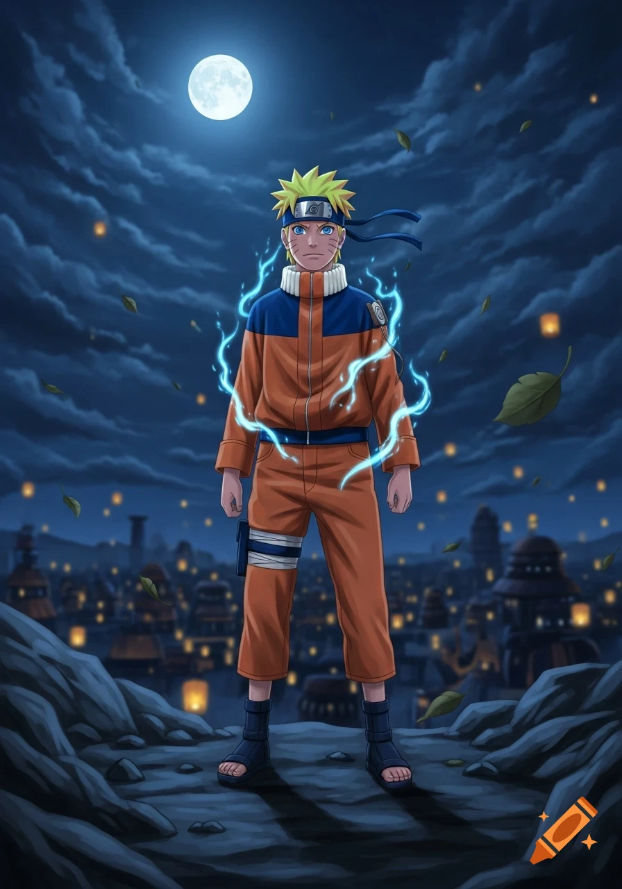 Naruto stands on a rocky outcrop under a full moon and cloudy night sky, surrounded by blue chakra energy, overlooking a village with glowing lanterns.