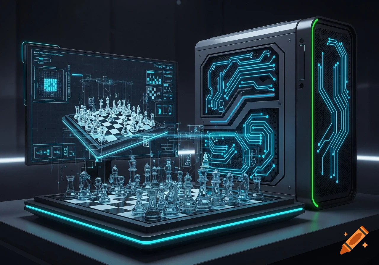 A futuristic computer with glowing blue circuits next to a chess board with translucent pieces, a monitor displaying a digital interface.