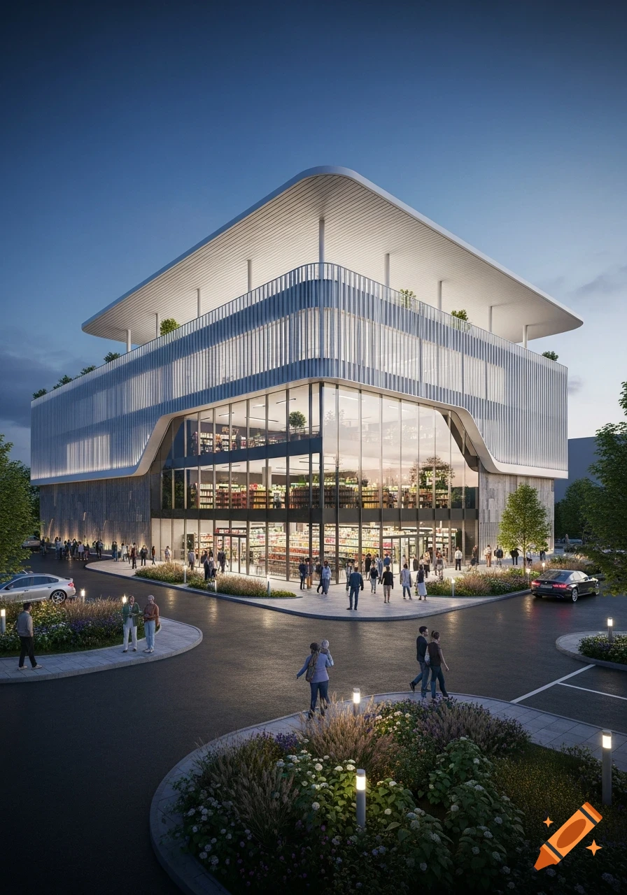A modern, multi-story building with a distinctive curved roof and glass facade. People walk on sidewalks around the illuminated building at dusk.