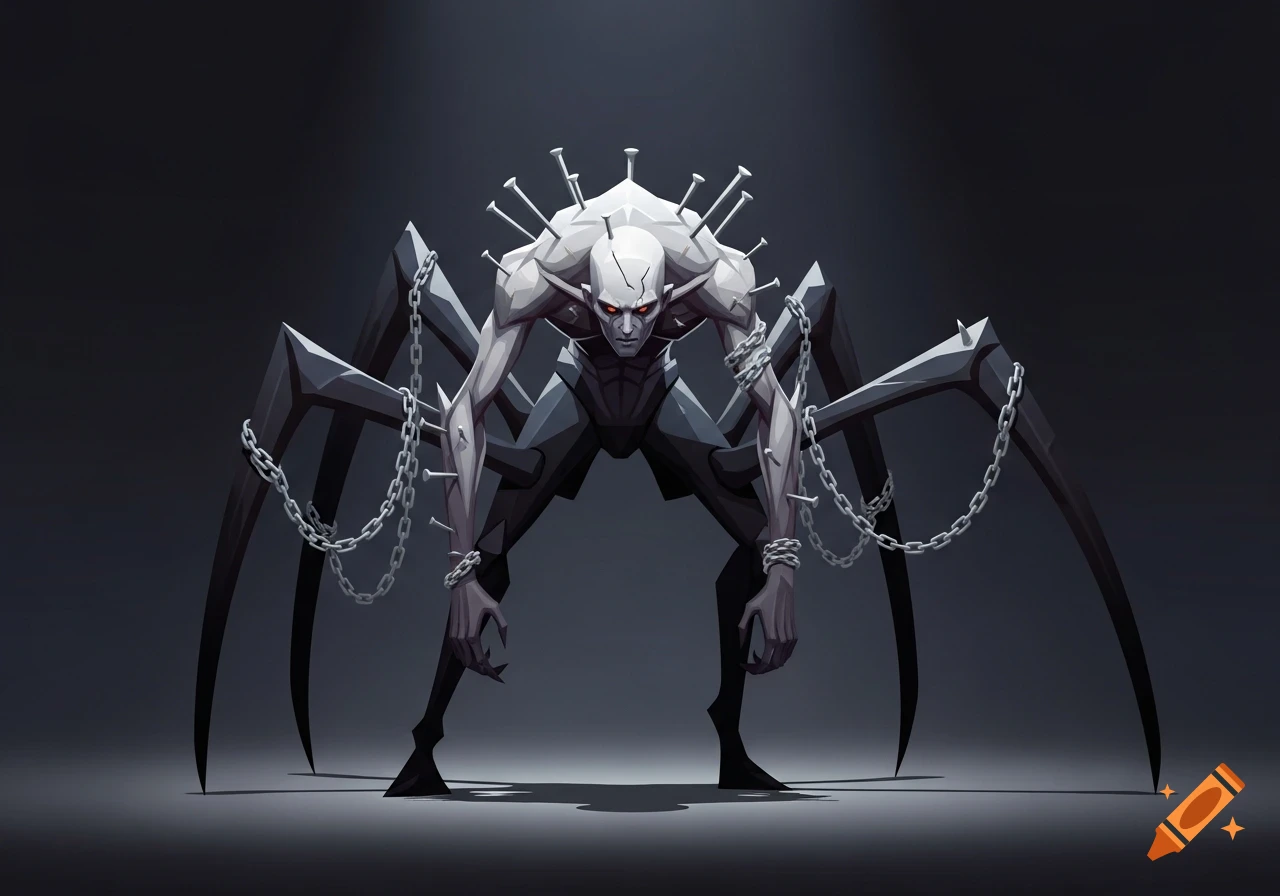 A hunched creature with a human torso, head, and glowing red eyes, sporting spider-like legs, nails, and chains, in a simplified, geometric art style.