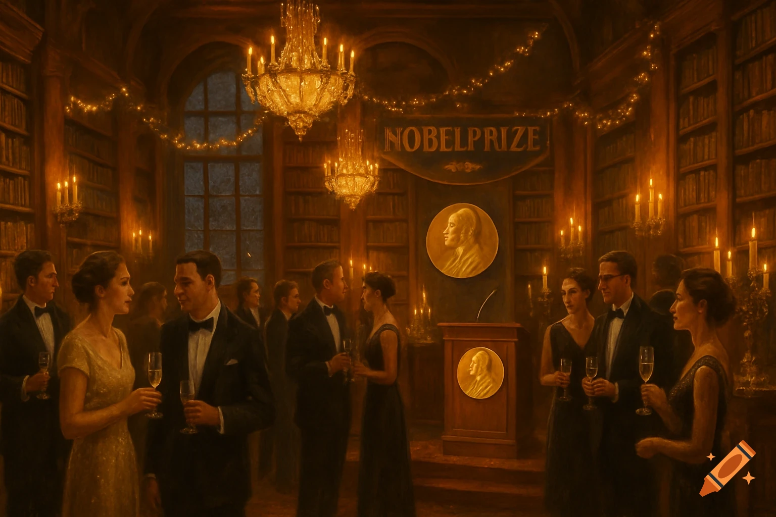 An elegant Nobel Prize celebration in a grand, candlelit library with guests in formal attire, golden chandeliers, and a banner.