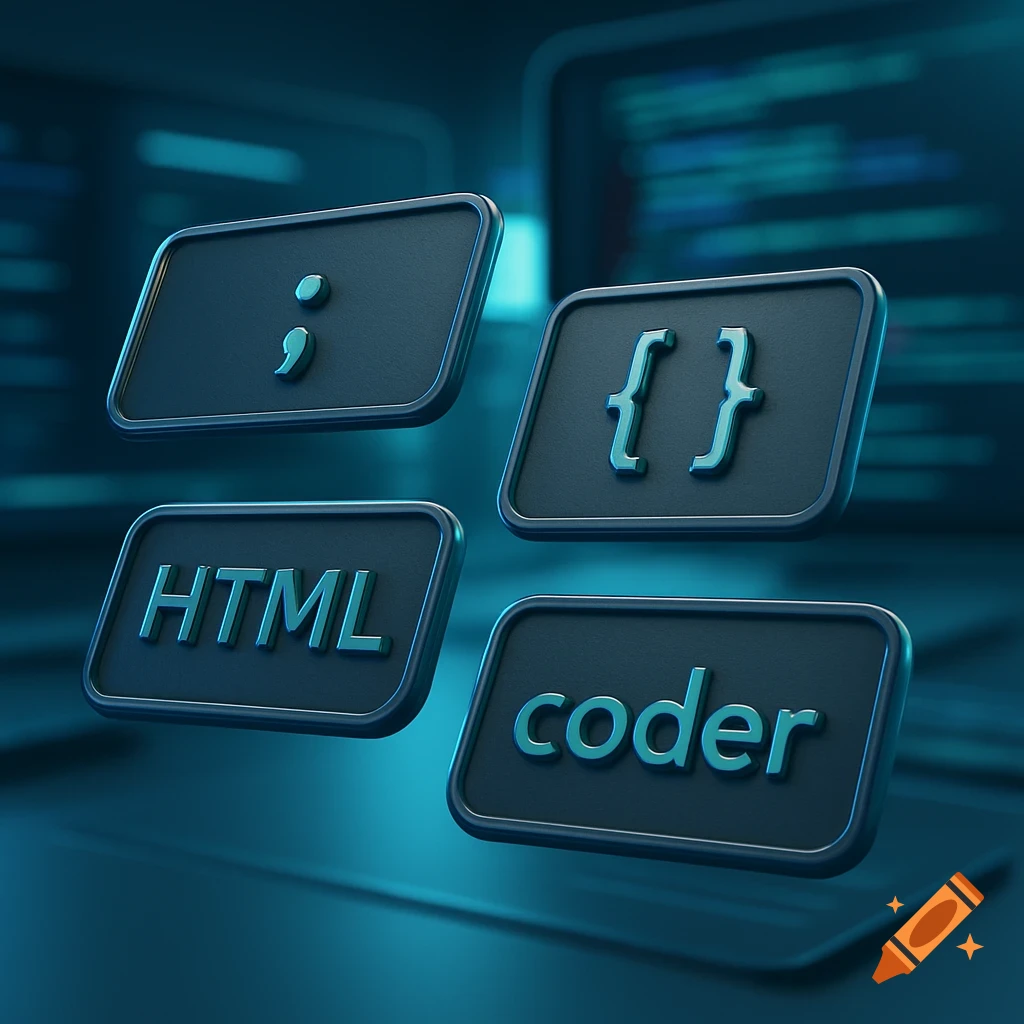Four stylized dark blue labels with glowing blue-green text and symbols: semicolon, curly braces, HTML, and coder, on a blurred digital blue background.