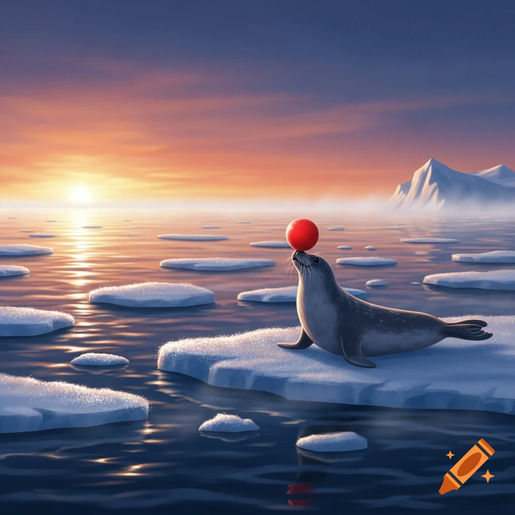 A gray seal balances a red ball on its nose on an ice floe in a vibrant sunset-lit ocean with distant mountains.