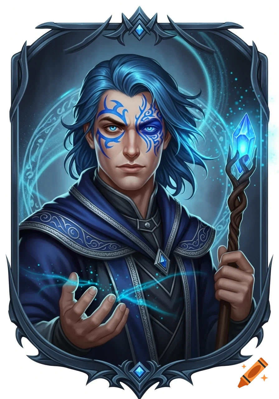 A fantasy portrait of a human male wizard with long blue hair, blue tribal face tattoos, and glowing blue eyes, holding a crystal staff and casting a spell with his left hand, framed by an ornate border.