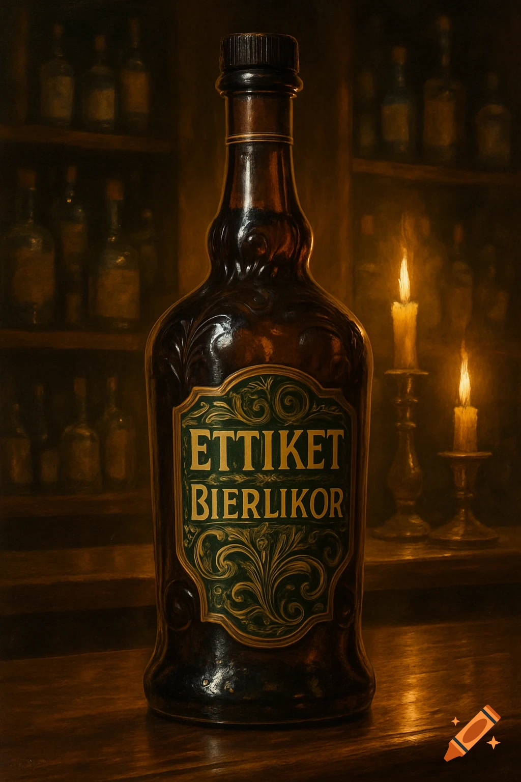 Dark amber bottle of 'Ettiket Bierlikör' liqueur with an ornate green and gold label, lit by two candles in a dark, rustic setting.
