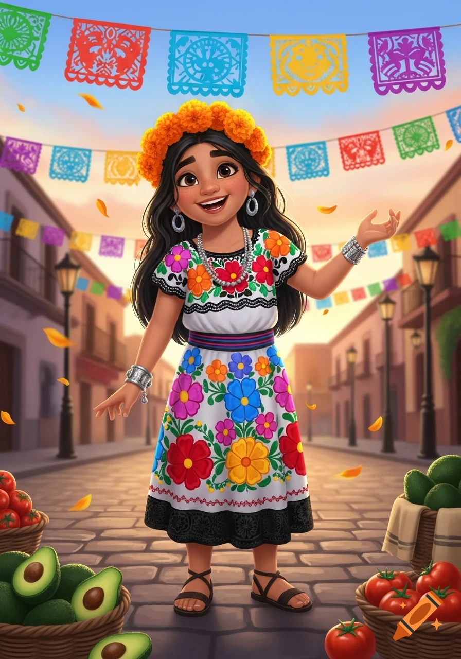A cheerful cartoon girl in a vibrant embroidered dress and flower crown smiles on a festive street adorned with colorful papel picado.