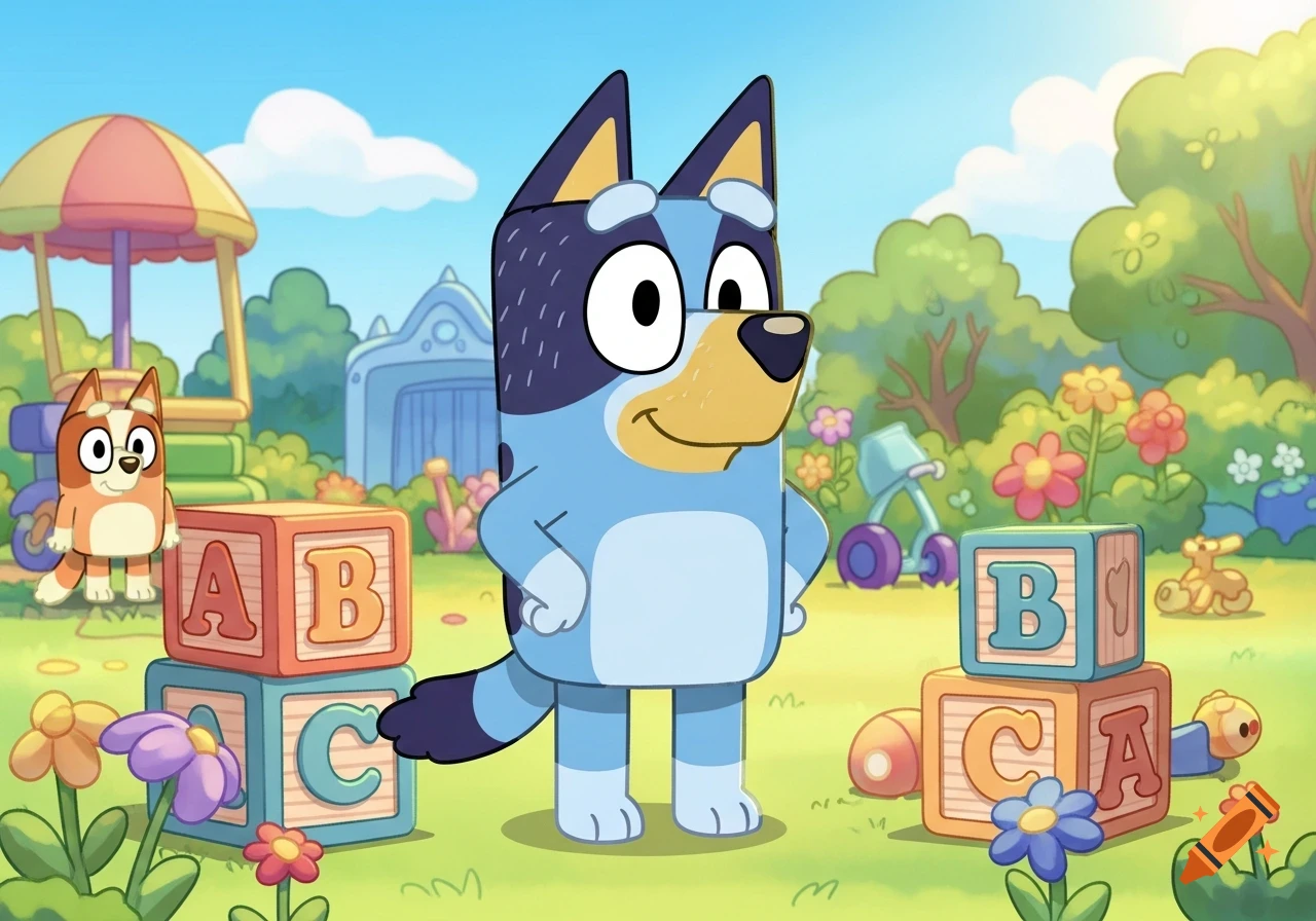 Bluey and Bingo playing with ABC blocks in a sunny cartoon playground.