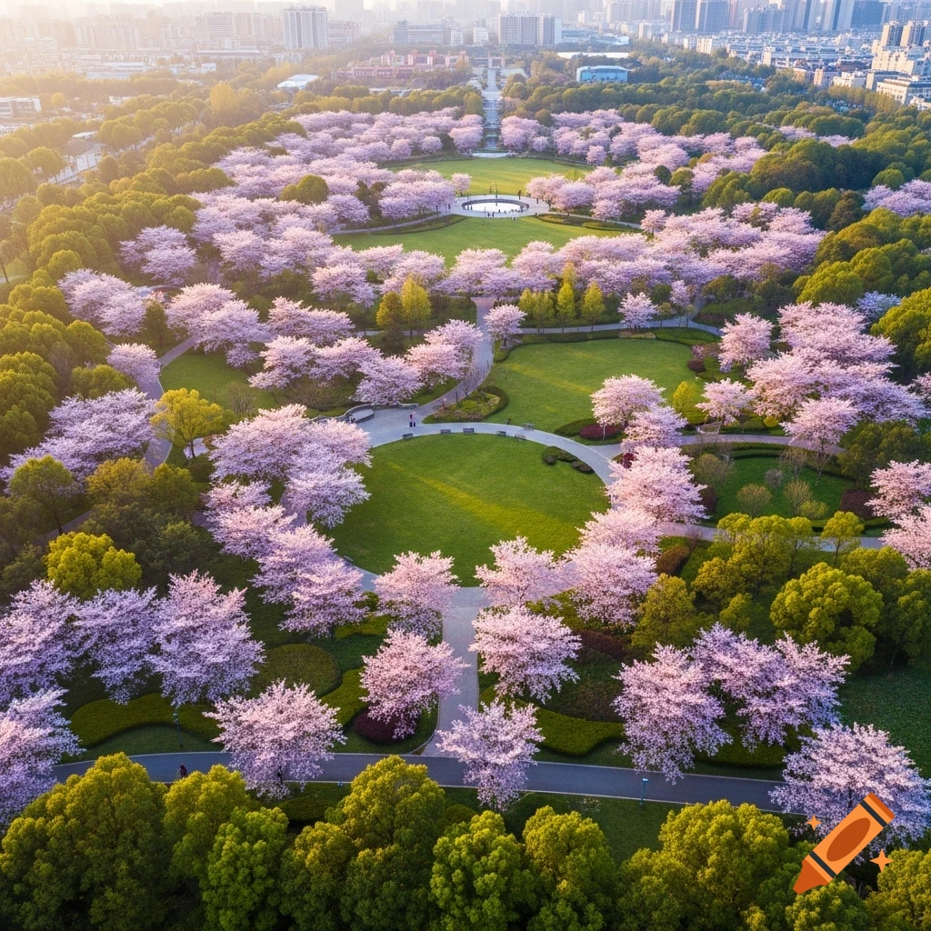 Aerial view of a vibrant park with pink cherry blossom trees, green ...