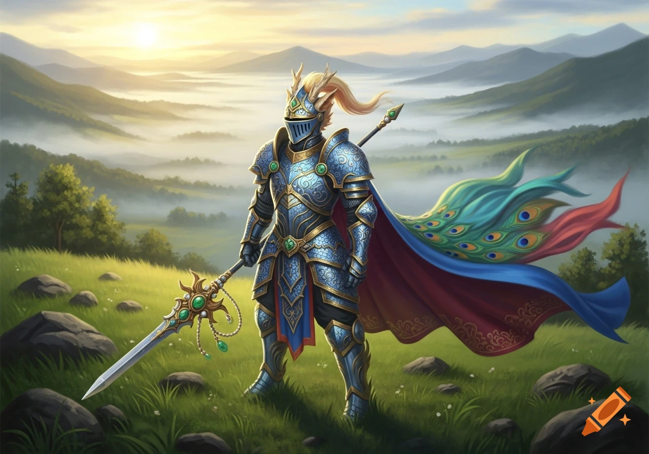 A majestic knight in ornate blue and gold armor, holding a jeweled spear, stands in a misty green valley at sunrise. A cape with peacock feather patterns flows behind them.