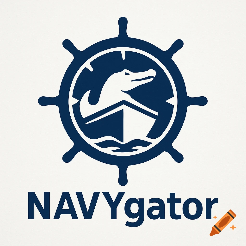 A minimalist navy blue logo featuring a ship's wheel encircling a stylized alligator head emerging from behind a ship, with the text NAVYgator below.