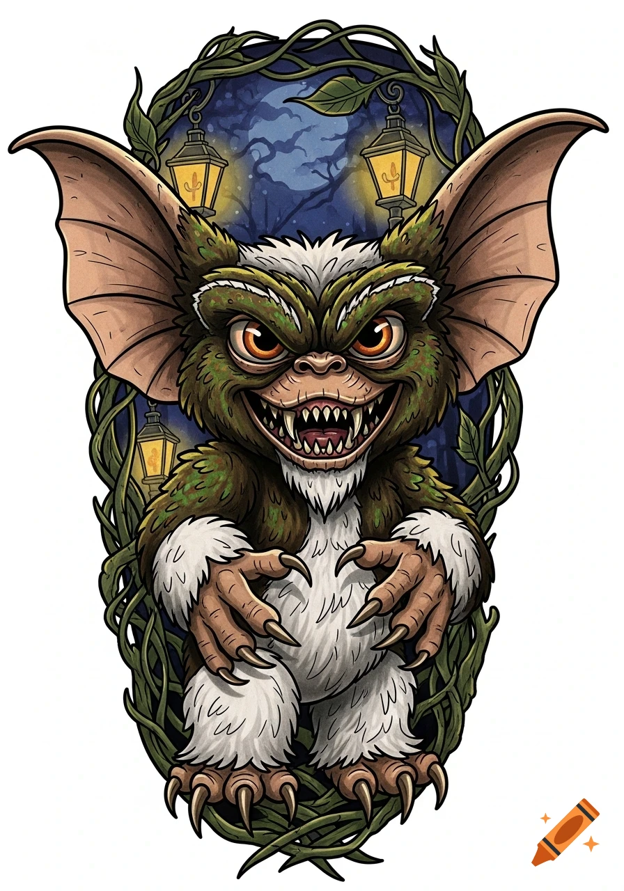 A neotraditional tattoo-style illustration of a menacing Gremlin with large ears and sharp claws, surrounded by vines and lanterns against a dark, moonlit background.