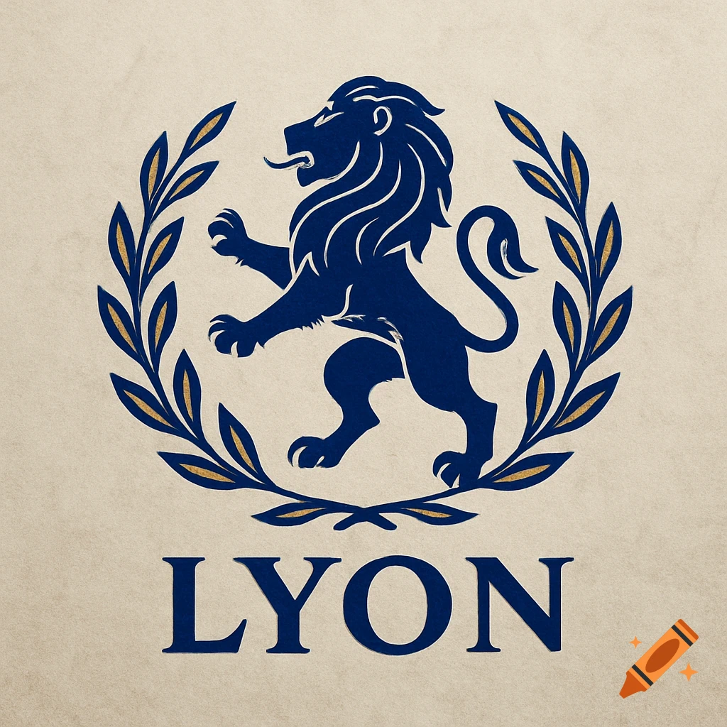 A stylized dark blue lion rampant within a golden and blue wreath, with 'LYON' text below, on a textured beige background.
