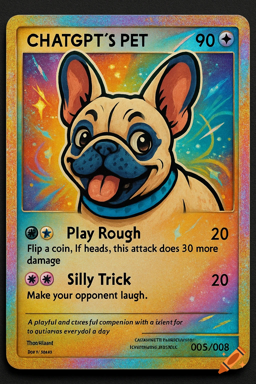 A stylized trading card featuring a happy French bulldog with blue markings, set against a vibrant, colorful background, with text on the card.