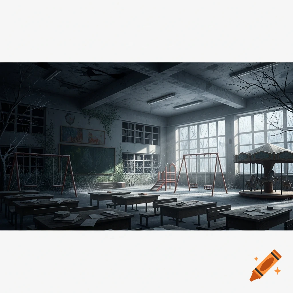 Desolate, overgrown school classroom with desks, a blackboard, indoor swings, and a merry-go-round, under cold light.