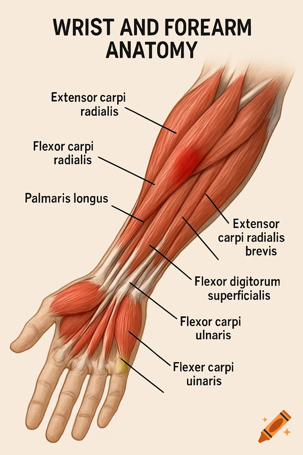 Anatomical diagram of the wrist and forearm muscles with labels and two pain points marked in red and yellow.