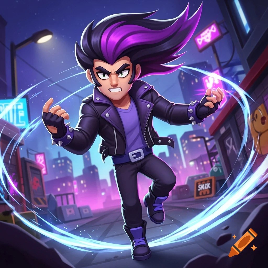 Cartoon character Edgar from Brawl Stars, a young male with spiky black and purple hair, leather jacket, and fingerless gloves, poses with glowing blue energy rings on a neon-lit city street at night.