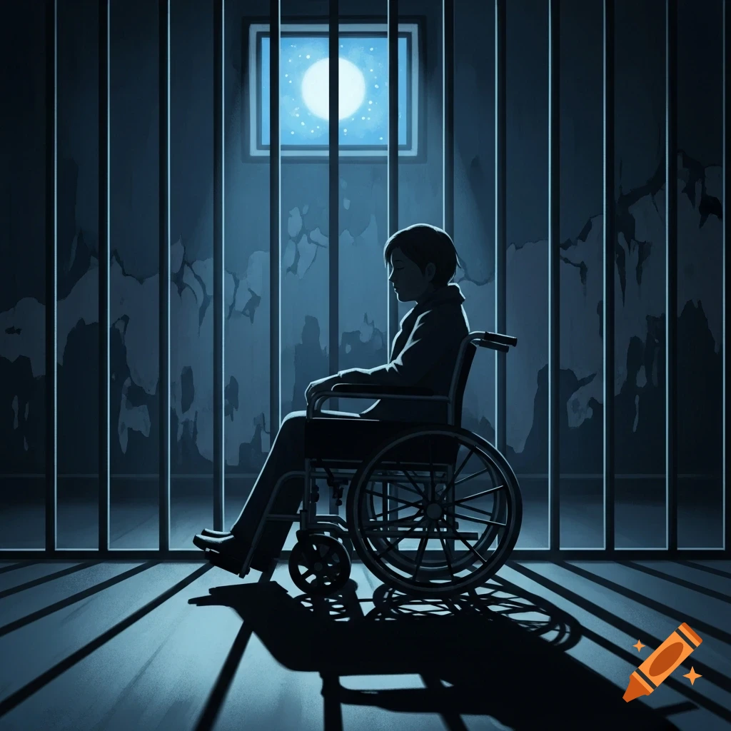 A stylized illustration of a person in a wheelchair silhouetted behind prison bars, looking at a full moon through a window.