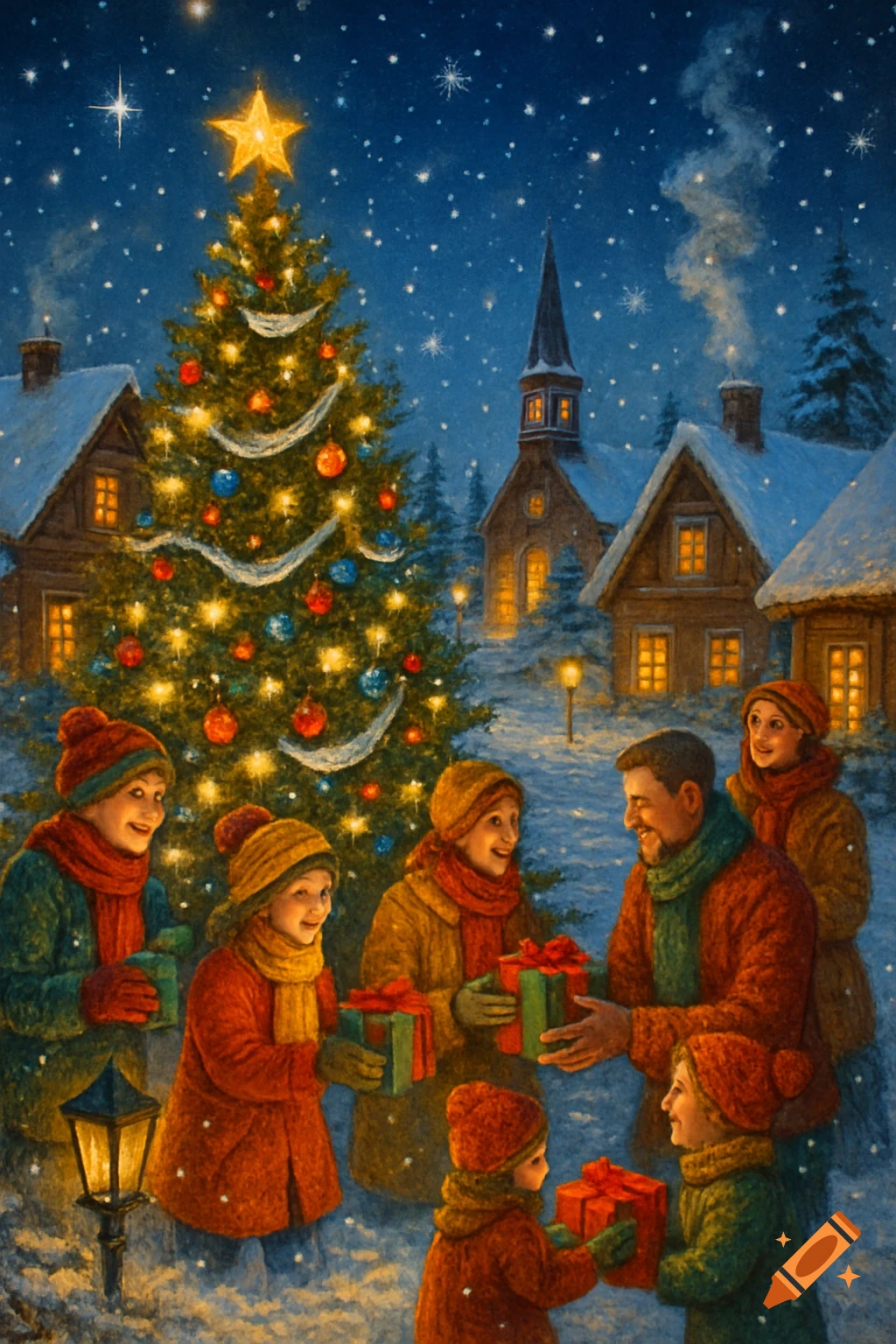 A snowy Christmas village scene at night with a large decorated tree, families exchanging gifts, and glowing windows.