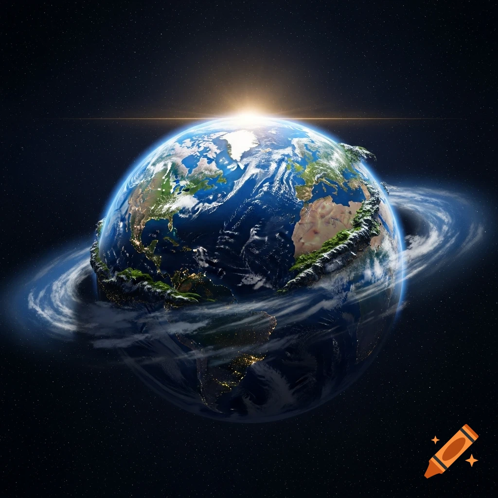 A photorealistic depiction of Earth from space, bathed in the glow of a rising sun, with visible continents, clouds, and a soft ring of light around it.