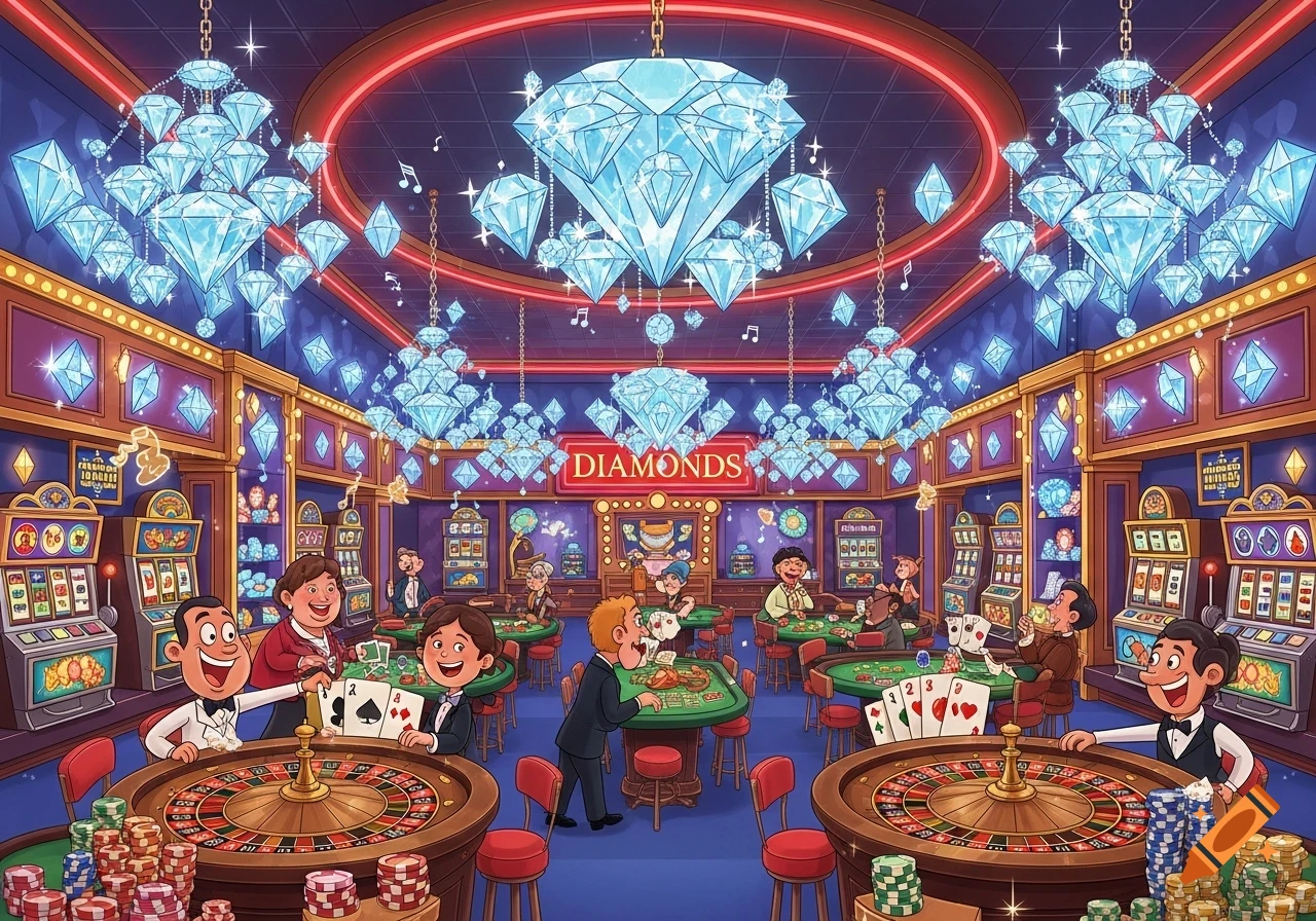 A vibrant cartoon casino filled with people gambling at roulette tables and slot machines, all under a ceiling adorned with sparkling blue diamond chandeliers.