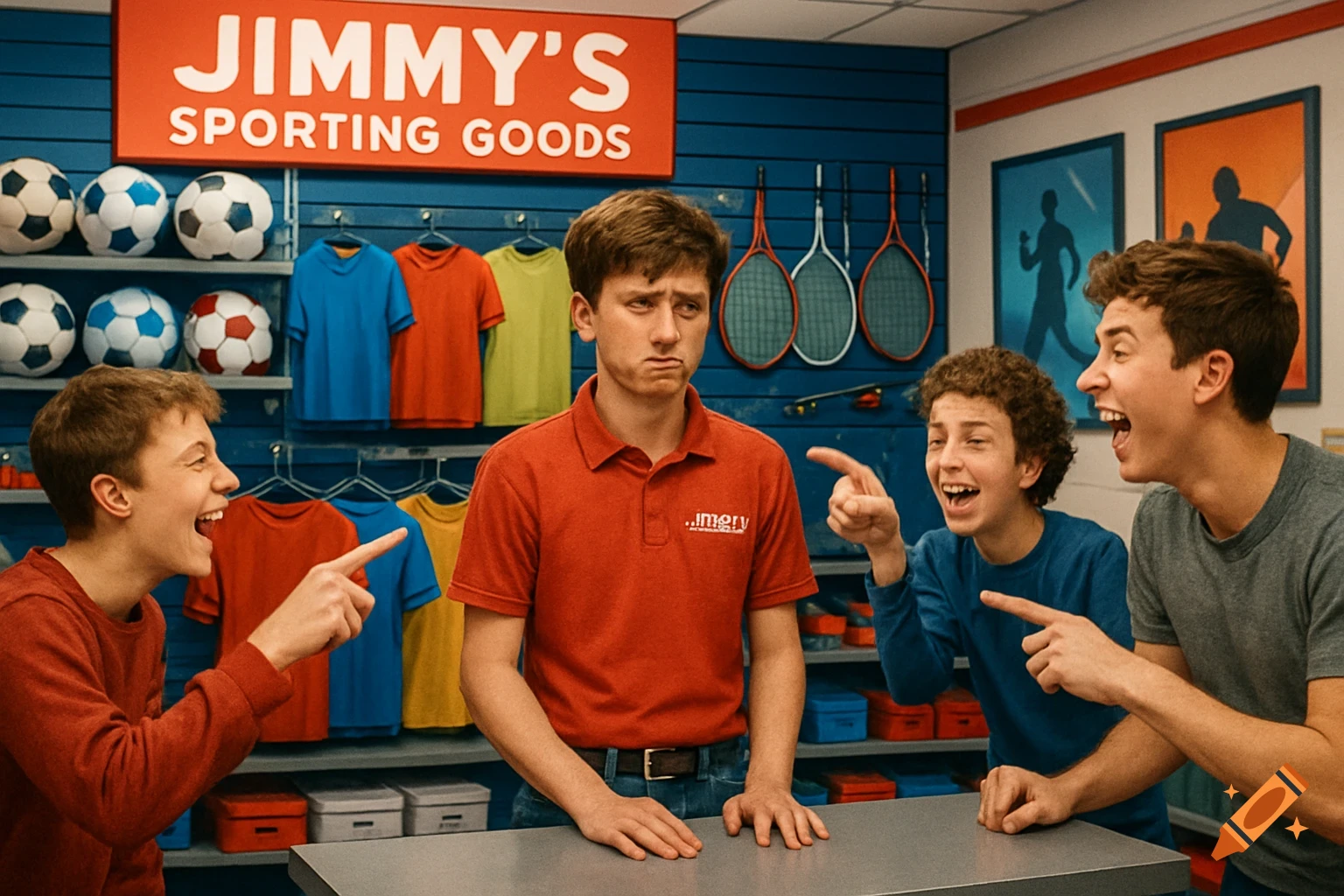 Three laughing teenagers point at a sad-looking teenage boy wearing a red polo shirt, standing behind a counter in "Jimmy's Sporting Goods" store.