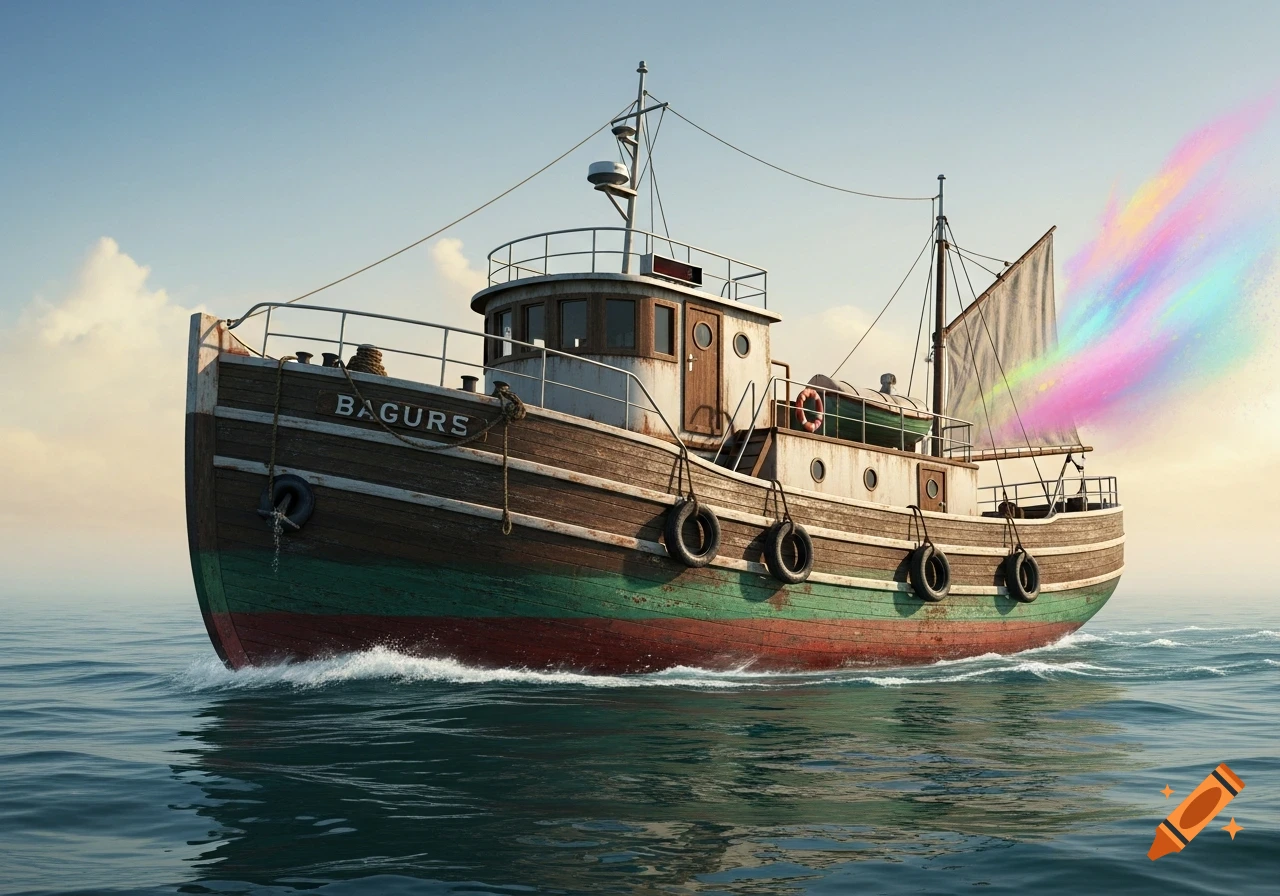 An old, cartoonish wooden boat with a red and green hull sails across blue water, leaving a vibrant rainbow trail.
