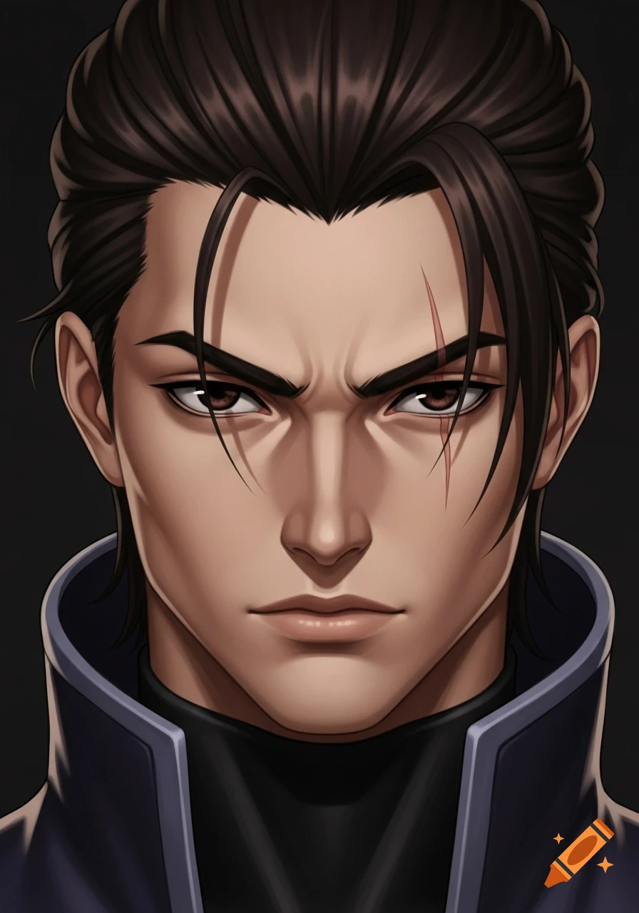 Anime portrait of a serious young man with dark hair, a scar near his left eye, and an intense expression, wearing a dark blue and black coat.