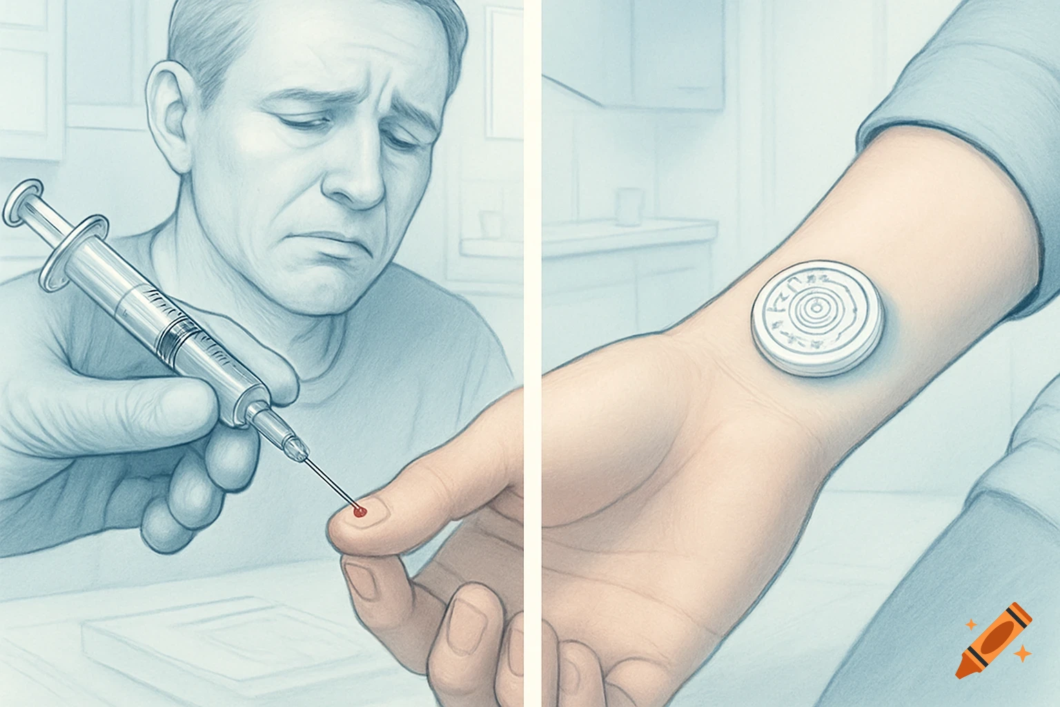 Medical illustration comparing invasive blood glucose monitoring via finger prick with a syringe to non-invasive wrist patch monitoring.