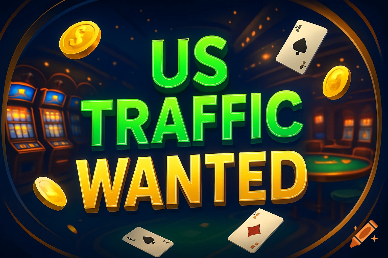 Online casino banner with bold green and yellow text 'US TRAFFIC WANTED', floating playing cards, gold coins, and slot machines in the background.