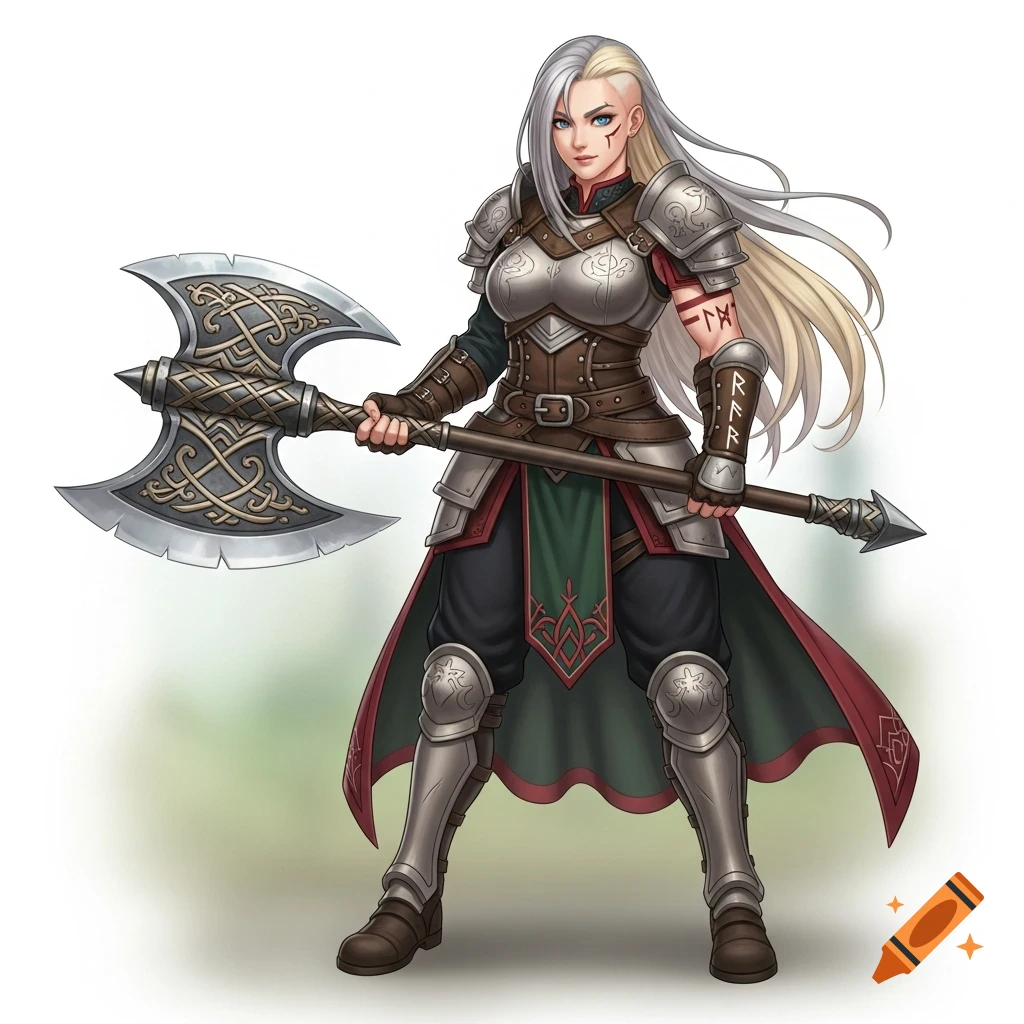 A stylized illustration of a female warrior with silver and blonde hair ...