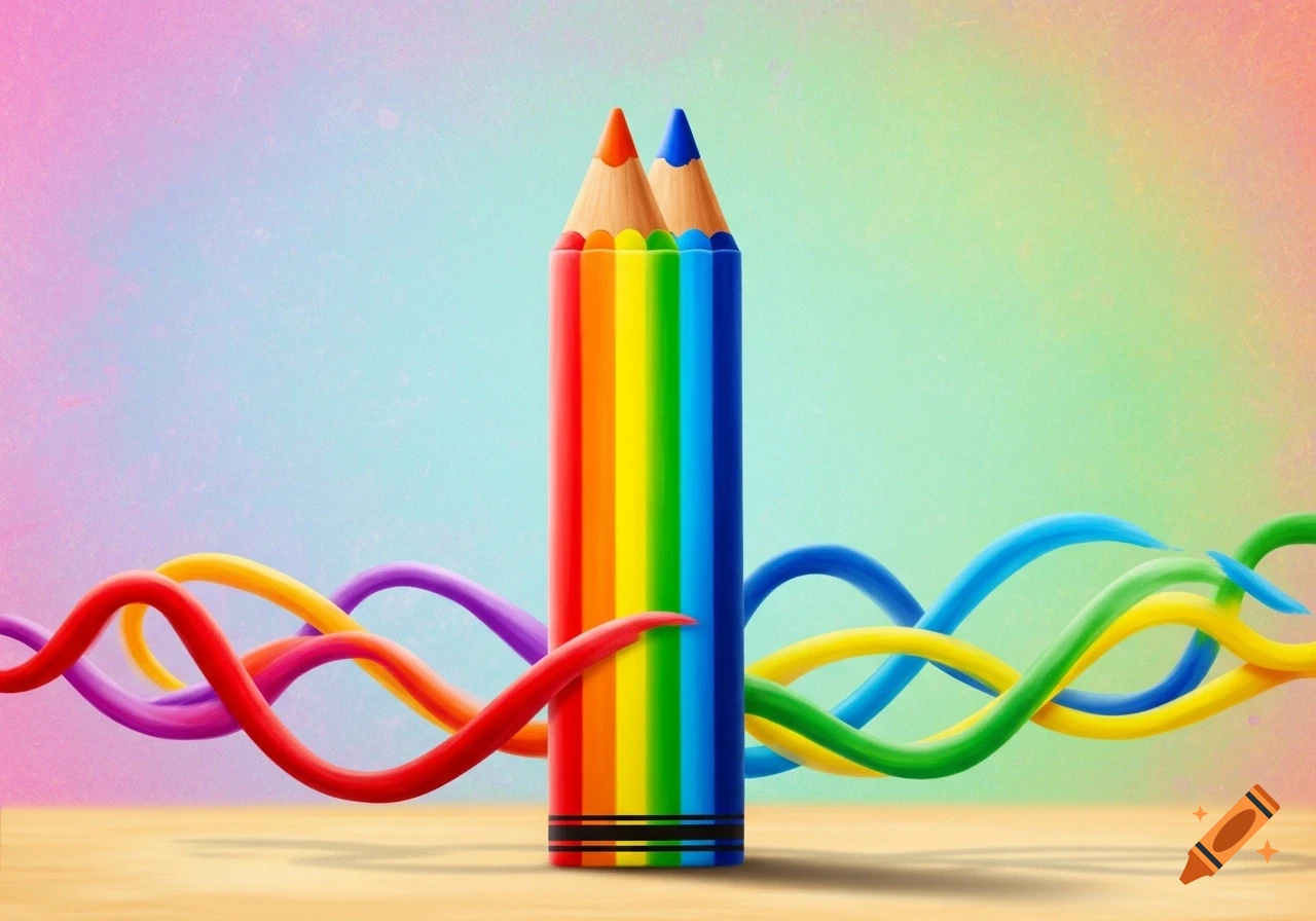 Two rainbow-colored pencils stand amidst swirling colorful lines on a vibrant pastel background, digital art.